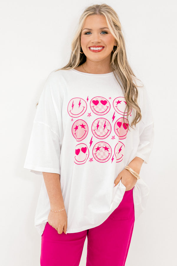 Chic Soul plus size clothing, white, short sleeve oversized tee with pink smiley face graphics on the front 