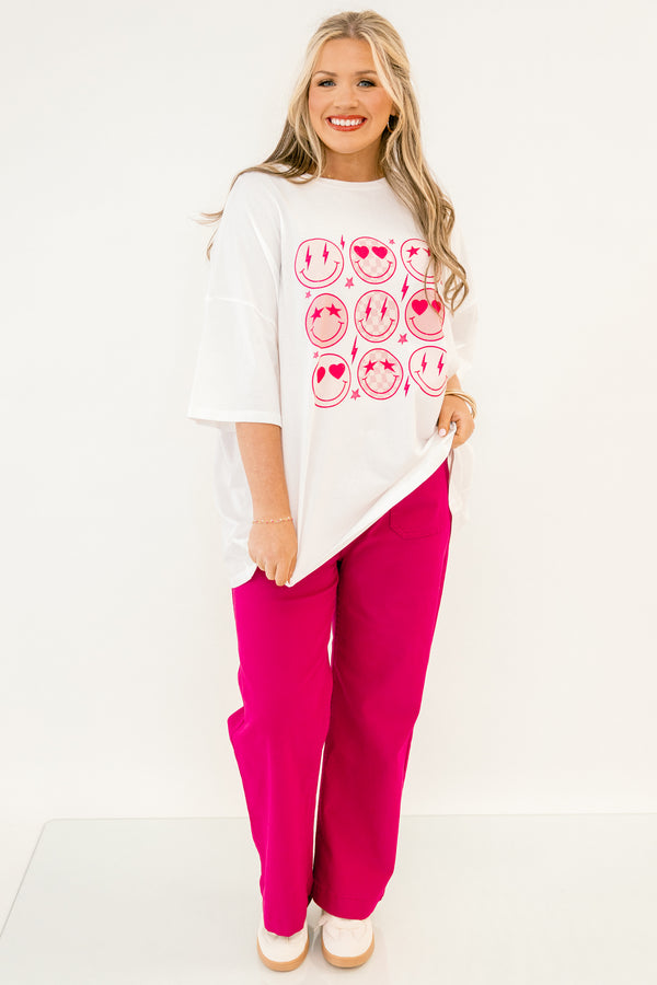 Chic Soul plus size clothing, white, short sleeve oversized tee with pink smiley face graphics on the front 