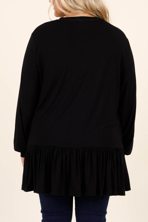 Chic Soul plus size clothing, black babyboll buttoned tunic with a v neckline