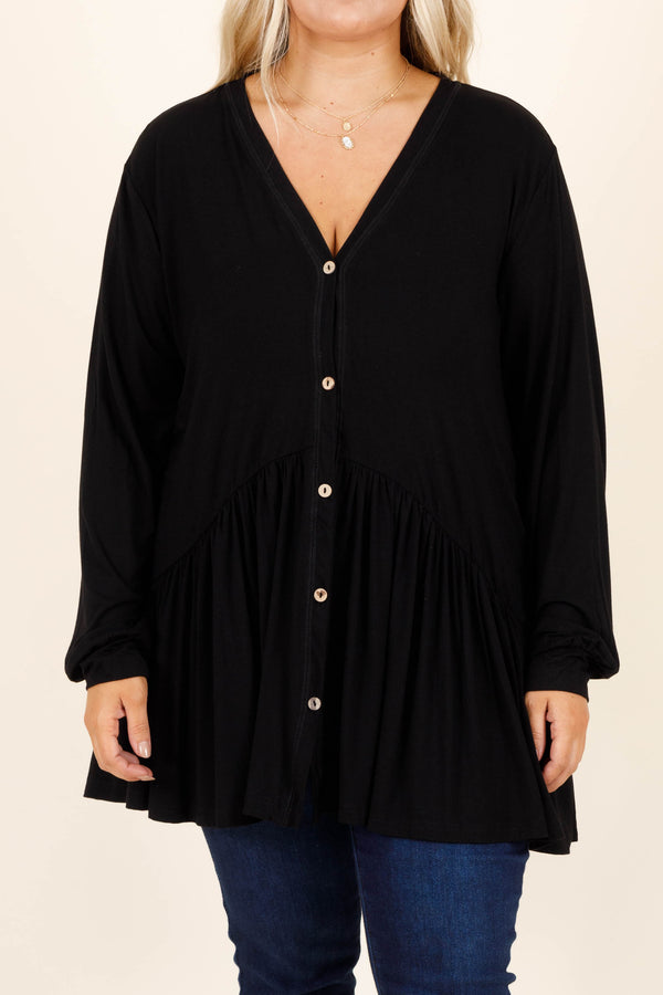 Chic Soul plus size clothing, black babyboll buttoned tunic with a v neckline