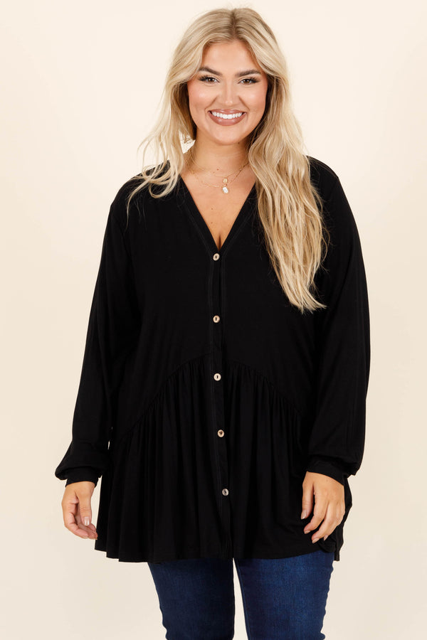 Chic Soul plus size clothing, black babyboll buttoned tunic with a v neckline