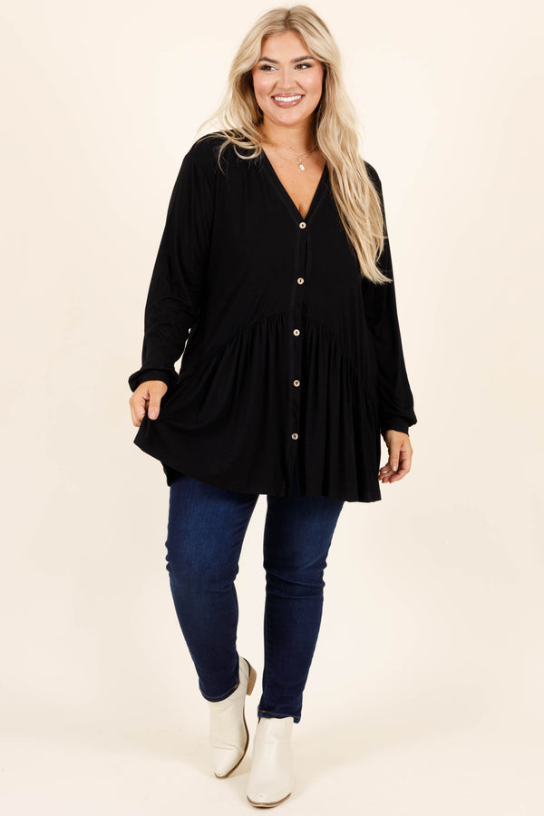 Chic Soul plus size clothing, black babyboll buttoned tunic with a v neckline