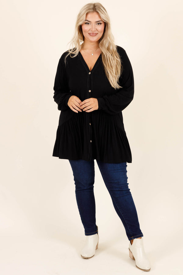 Chic Soul plus size clothing, black babyboll buttoned tunic with a v neckline