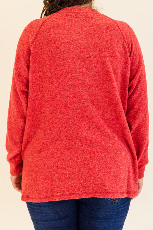 Chic Soul plus size clothing, dark red long sleeve pullover with round neckline with button up detail and cuff sleeves