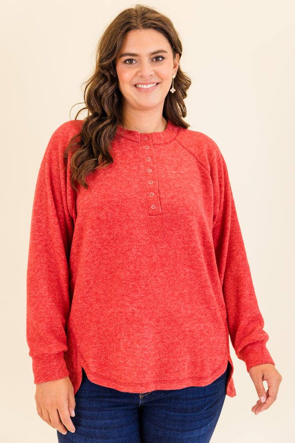 Chic Soul plus size clothing, dark red long sleeve pullover with round neckline with button up detail and cuff sleeves