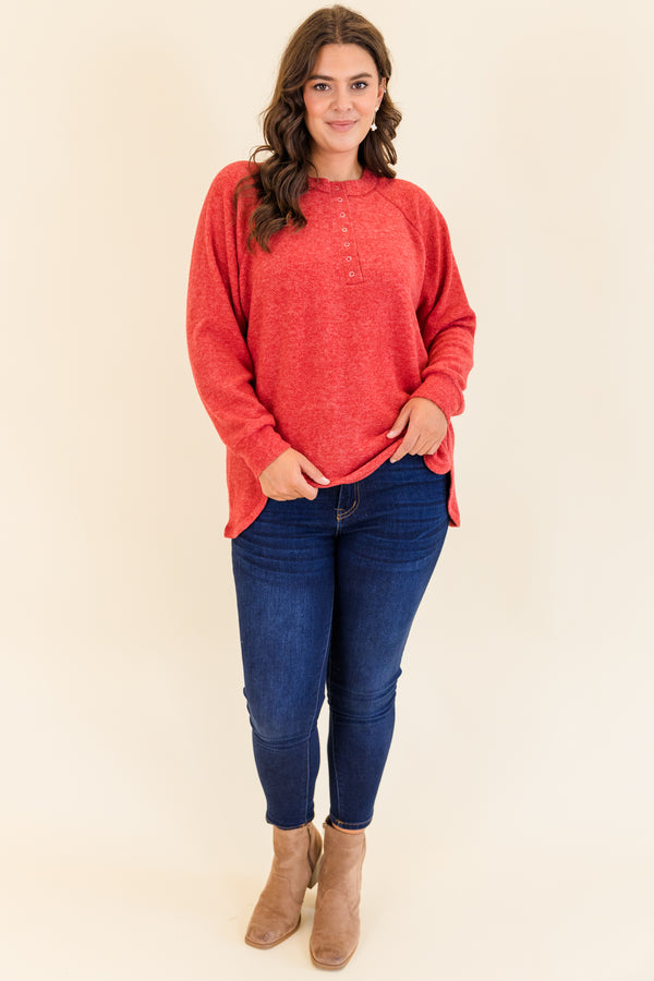 Chic Soul plus size clothing, dark red long sleeve pullover with round neckline with button up detail and cuff sleeves