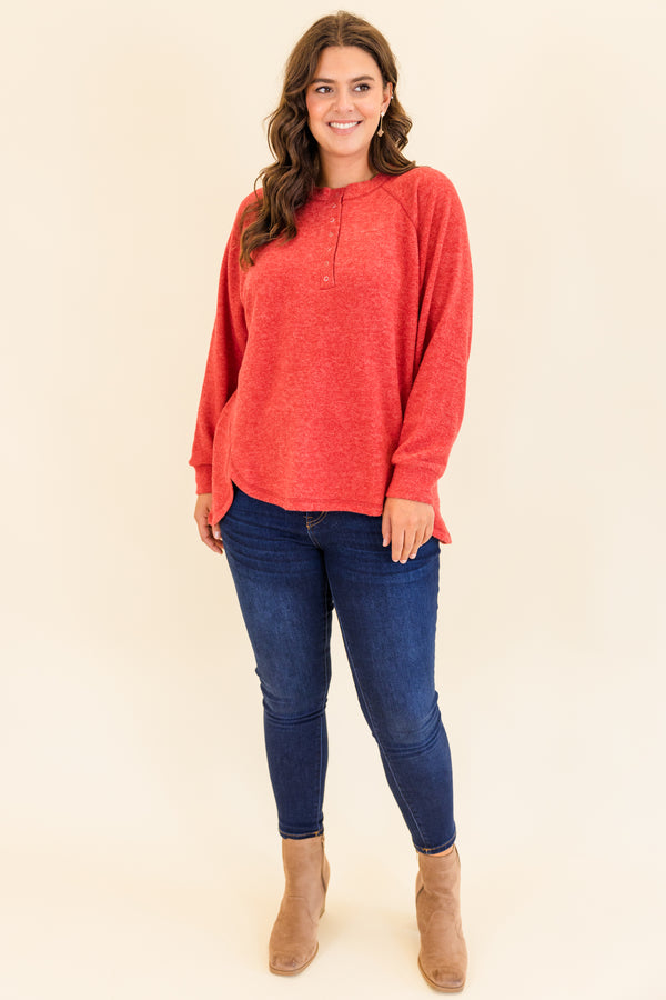 Chic Soul plus size clothing, dark red long sleeve pullover with round neckline with button up detail and cuff sleeves