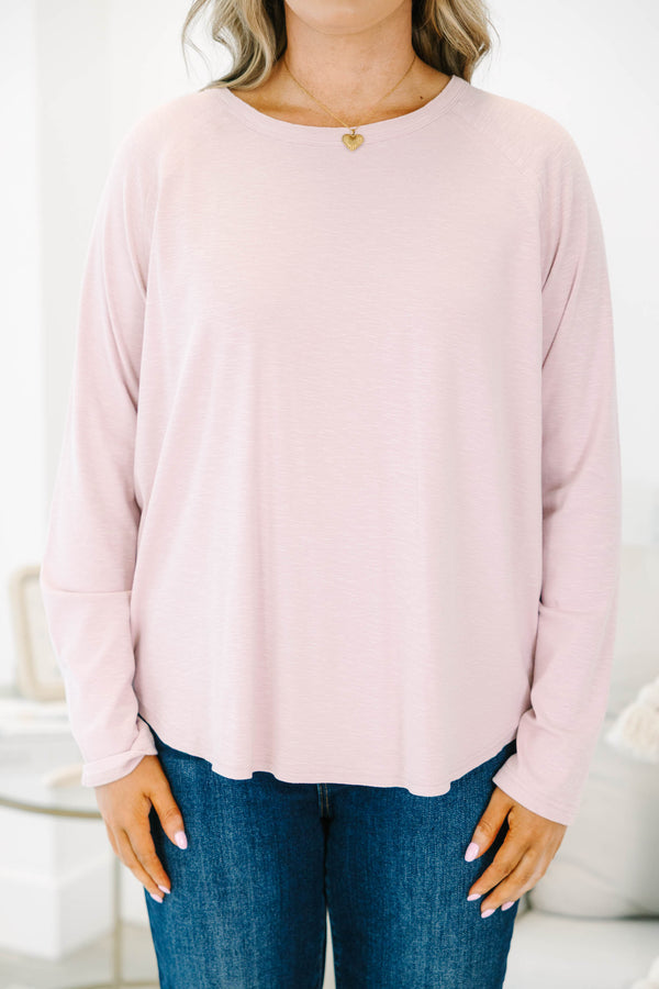 Plus size light mauve long sleeve top with a relaxed fit and soft, stretchy fabric.