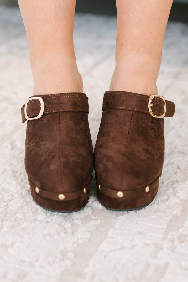 Plus Size chocolate brown suede platform clogs with gold stud details and a decorative side buckle.