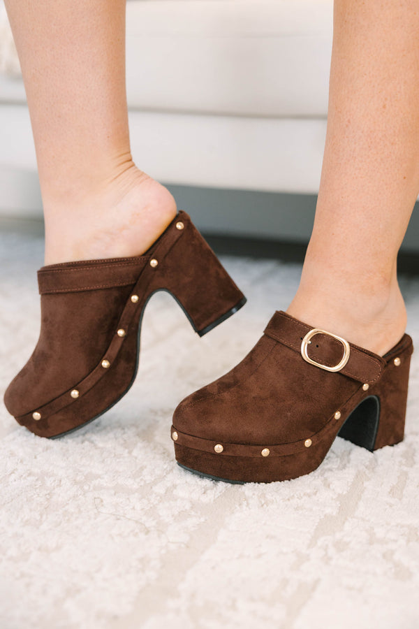 Plus Size chocolate brown suede platform clogs with gold stud details and a decorative side buckle.