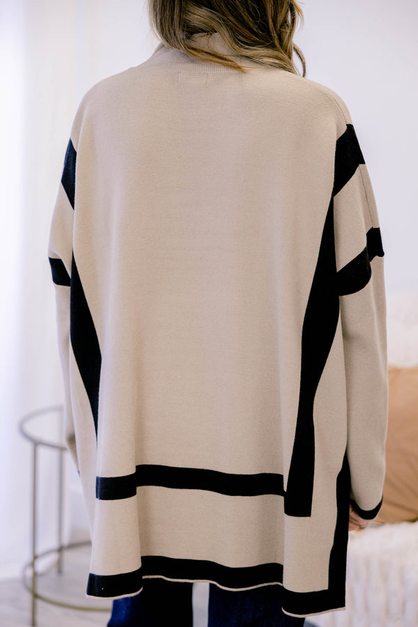 Chic Soul plus size clothing, tan and black geometric print turtle neck long sleeve sweater