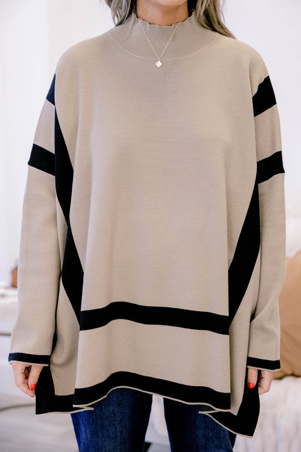 Chic Soul plus size clothing, tan and black geometric print turtle neck long sleeve sweater