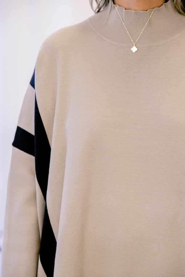 Chic Soul plus size clothing, tan and black geometric print turtle neck long sleeve sweater