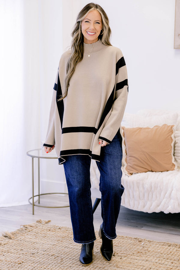 Chic Soul plus size clothing, tan and black geometric print turtle neck long sleeve sweater