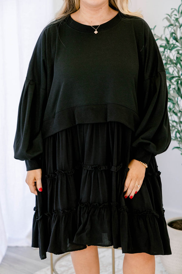 Chic Soul plus size clothing, black tiered dress with ruffle details on each tier as well as a sweatshirt bodice 