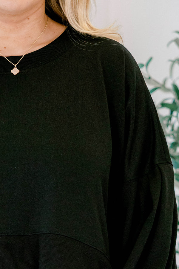 Chic Soul plus size clothing, black tiered dress with ruffle details on each tier as well as a sweatshirt bodice 