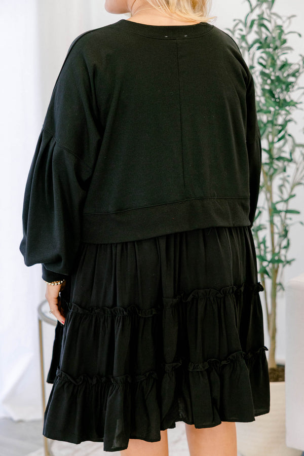 Chic Soul plus size clothing, black tiered dress with ruffle details on each tier as well as a sweatshirt bodice 