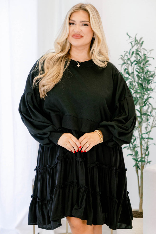 Chic Soul plus size clothing, black tiered dress with ruffle details on each tier as well as a sweatshirt bodice 
