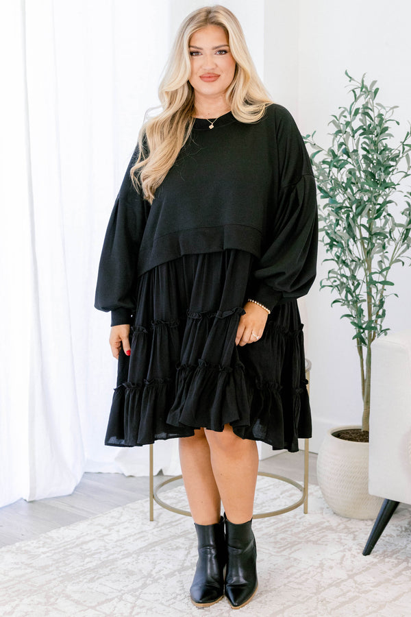 Chic Soul plus size clothing, black tiered dress with ruffle details on each tier as well as a sweatshirt bodice 