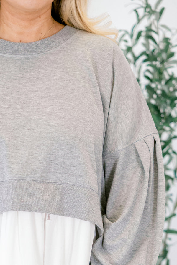 Chic Soul plus size clothing, gray short dress with sweatshirt inspired bodice and woven bottom