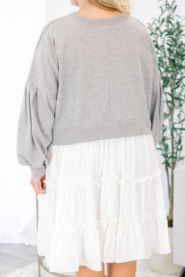 Chic Soul plus size clothing, gray short dress with sweatshirt inspired bodice and woven bottom