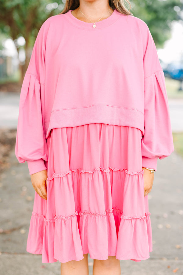 Plus Size mauve tiered dress with a sweatshirt-style bodice and long balloon sleeves.