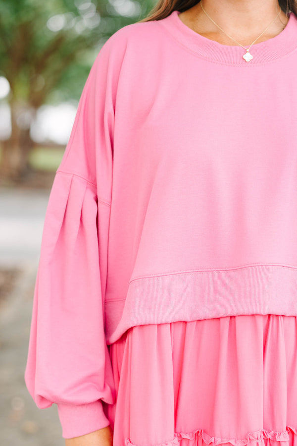 Plus Size mauve tiered dress with a sweatshirt-style bodice and long balloon sleeves.