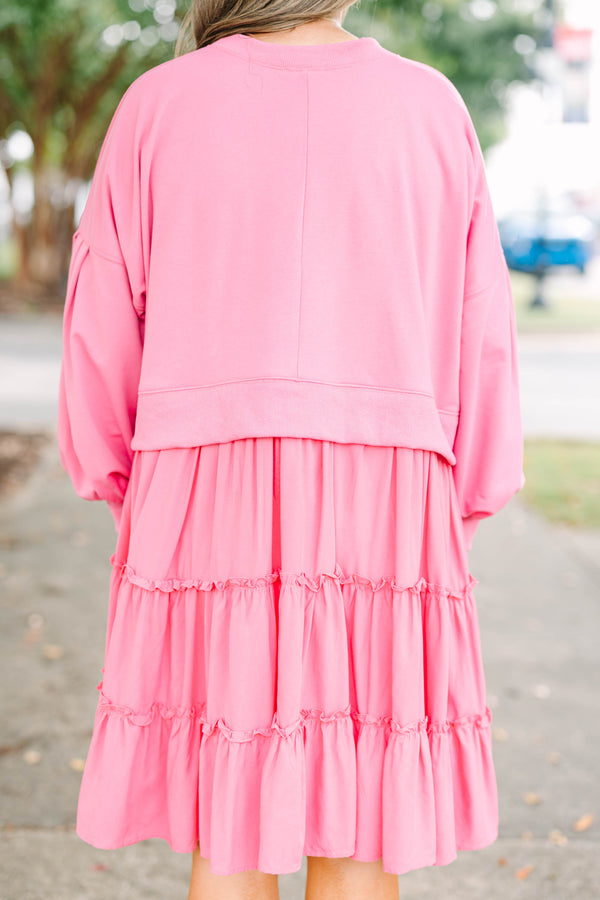 Plus Size mauve tiered dress with a sweatshirt-style bodice and long balloon sleeves.