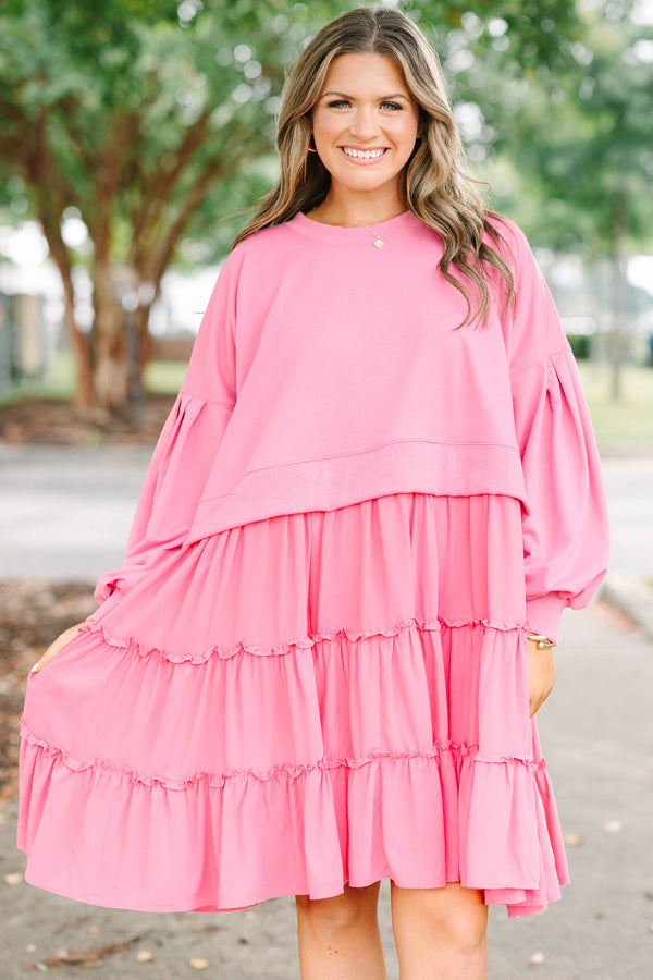 Plus Size mauve tiered dress with a sweatshirt-style bodice and long balloon sleeves.