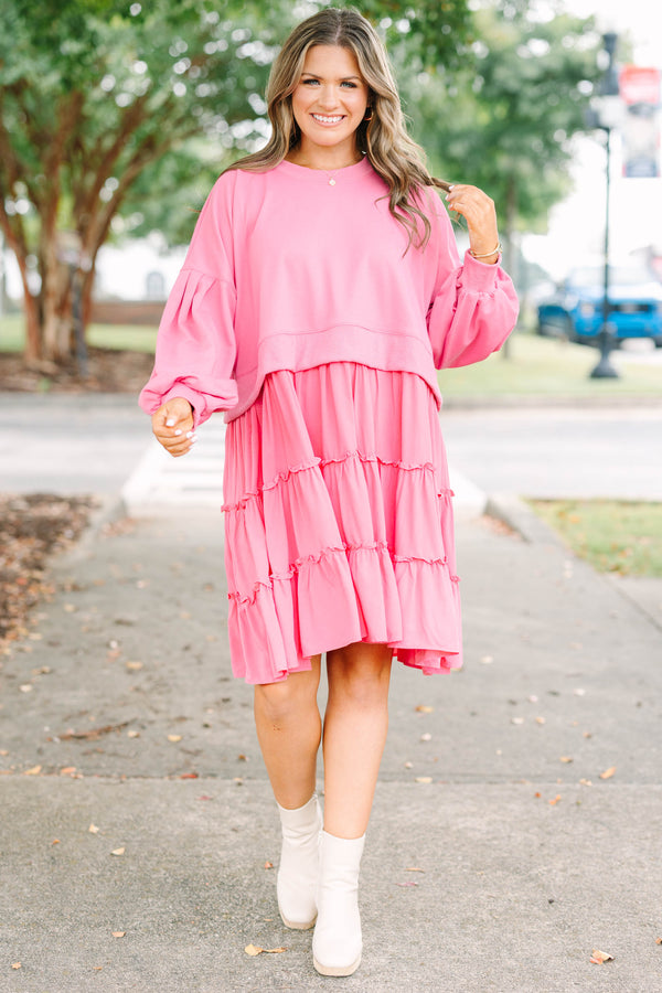 Plus Size mauve tiered dress with a sweatshirt-style bodice and long balloon sleeves.