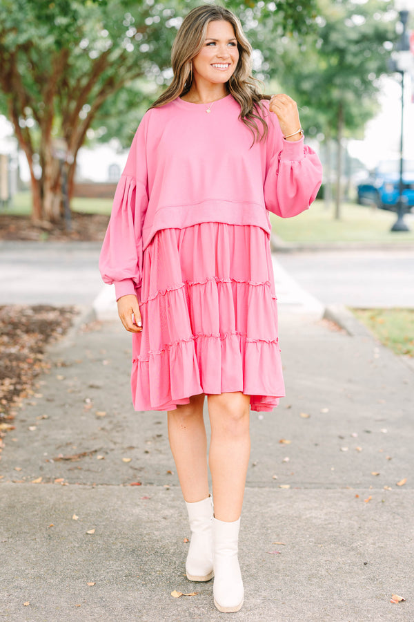 Plus Size mauve tiered dress with a sweatshirt-style bodice and long balloon sleeves.