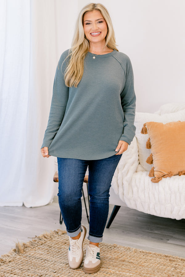 Chic Soul plus size clothing, dark green waffle knit long sleeve top
