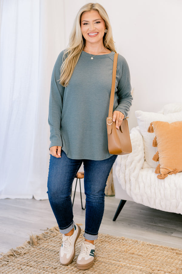 Chic Soul plus size clothing, dark green waffle knit long sleeve top