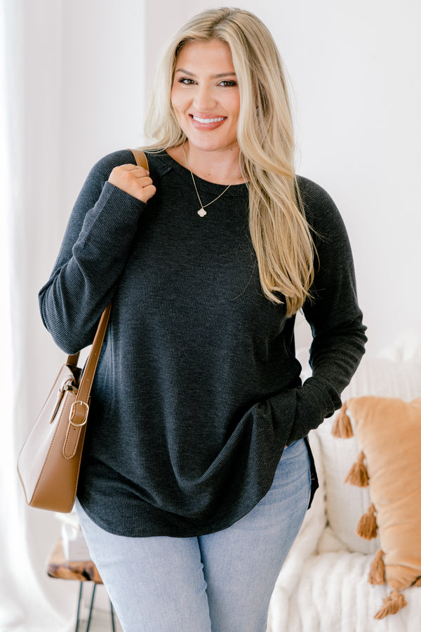 Chic Soul plus size clothing, black long sleeve top with curved hem