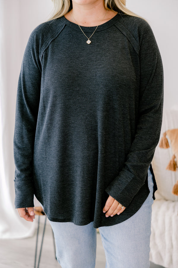 Chic Soul plus size clothing, black long sleeve top with curved hem