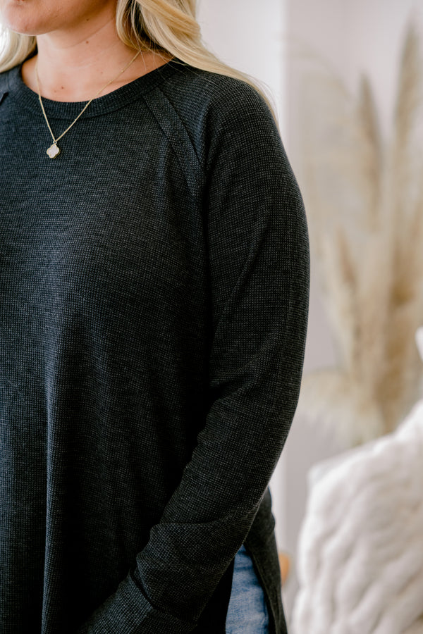 Chic Soul plus size clothing, black long sleeve top with curved hem