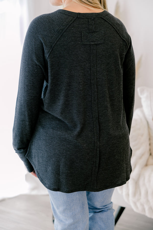 Chic Soul plus size clothing, black long sleeve top with curved hem