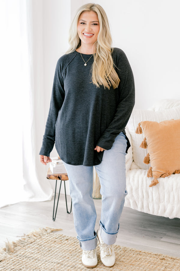 Chic Soul plus size clothing, black long sleeve top with curved hem