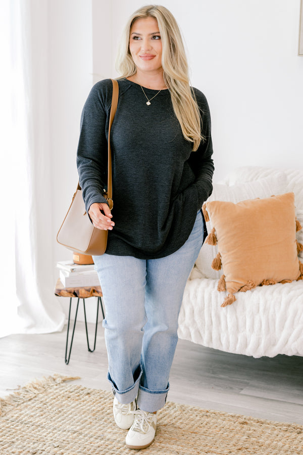 Chic Soul plus size clothing, black long sleeve top with curved hem