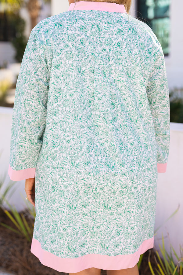 Chic Soul plus size clothing, green and white floral print long sleeve shift dress with light pink trim around the collar, sleeves, and hem