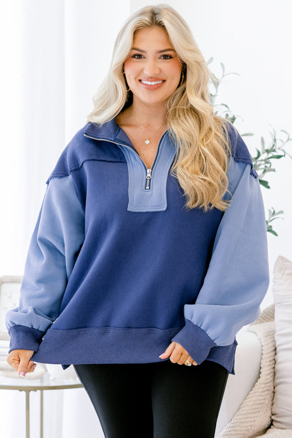 Chic Soul plus size clothing, dark and light blue color blocked quarter zip pullover