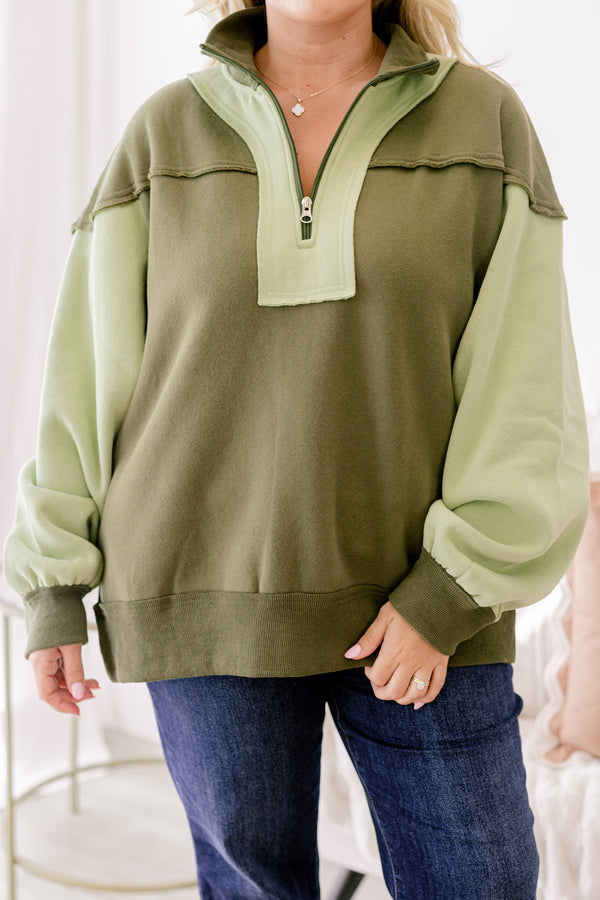 Chic Soul plus size clothing, different shades of green color block quarter zip long sleeve pullover