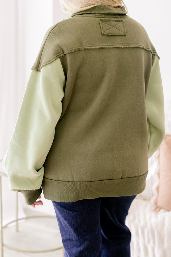 Chic Soul plus size clothing, different shades of green color block quarter zip long sleeve pullover