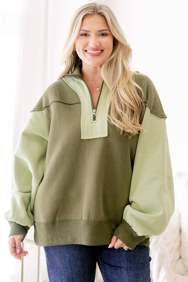Chic Soul plus size clothing, different shades of green color block quarter zip long sleeve pullover