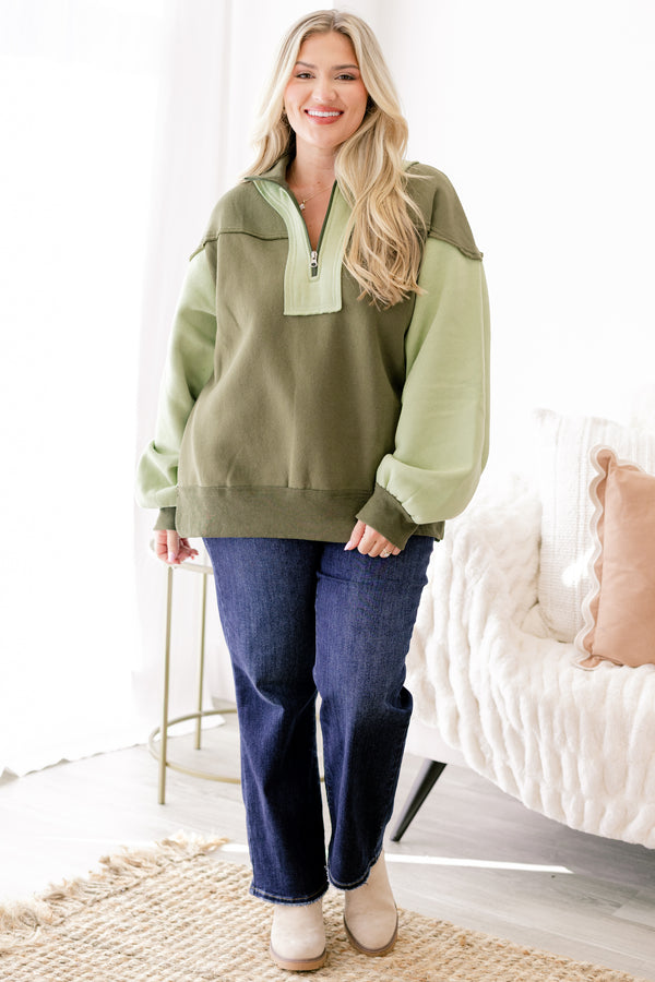 Chic Soul plus size clothing, different shades of green color block quarter zip long sleeve pullover