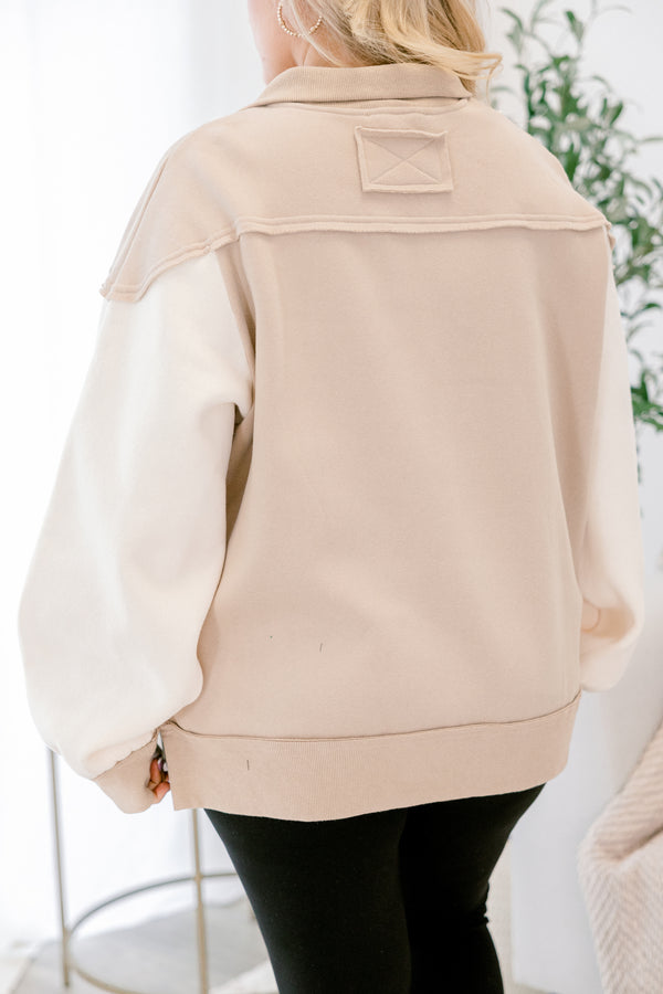 Chic Soul plus size clothing, tan and cream color blocked quarter zip pullover