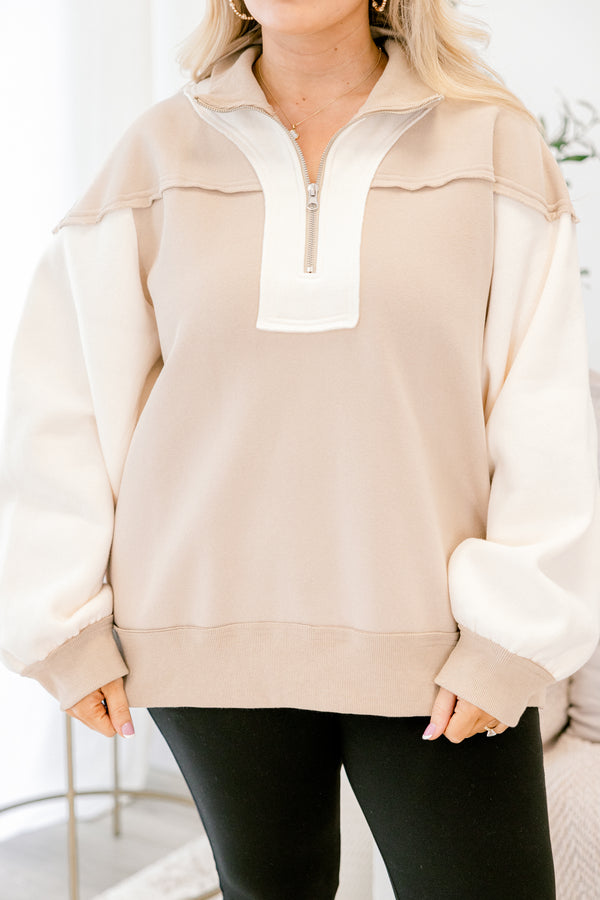 Chic Soul plus size clothing, tan and cream color blocked quarter zip pullover