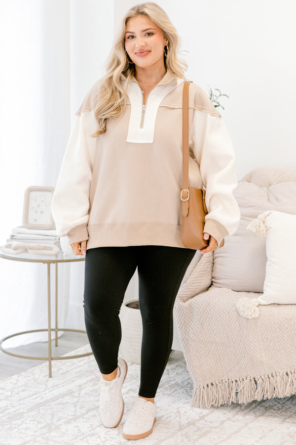 Chic Soul plus size clothing, tan and cream color blocked quarter zip pullover