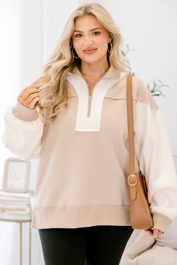 Chic Soul plus size clothing, tan and cream color blocked quarter zip pullover