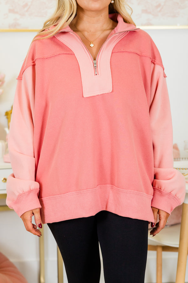 Chic Soul plus size clothing, quarter-zip salmon pink collared pullover with a lighter pink salmon color block pattern and an inside-out distressed stitching detail